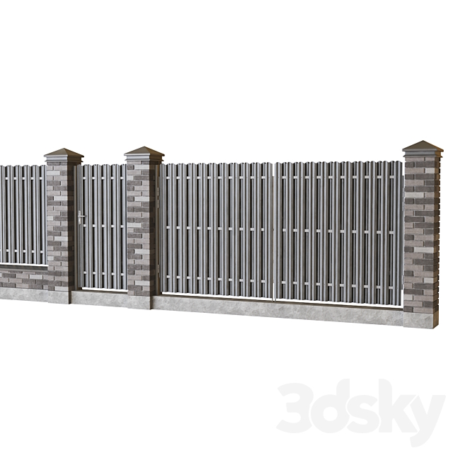 Brick fence with euro picket fence 3ds Max - thumbnail 3