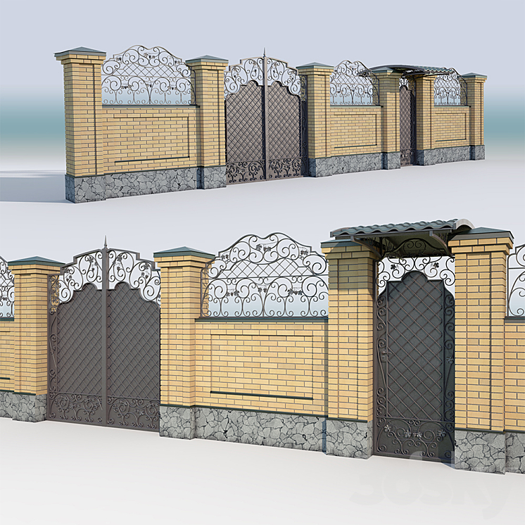 Brick fence_forging gate 3DS Max - thumbnail 1