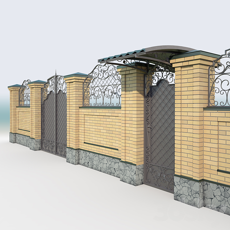 Brick fence_forging gate 3DS Max - thumbnail 2