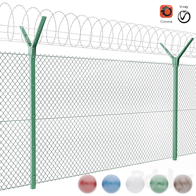 Chain link fence with spiral protective barrier 3DS Max - thumbnail 1