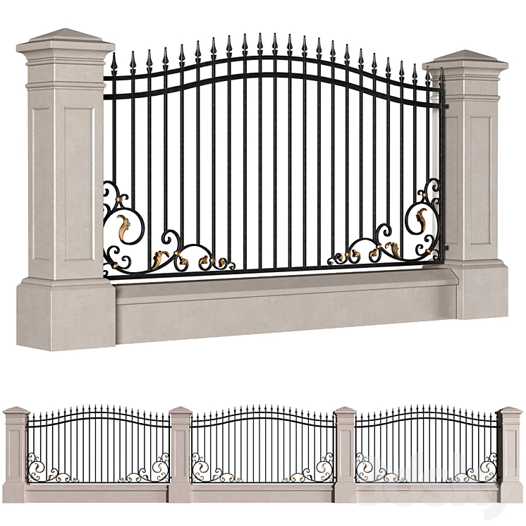 Classic style fence with wrought iron railing.Entrance Driveway Iron Gates 3DS Max - thumbnail 1