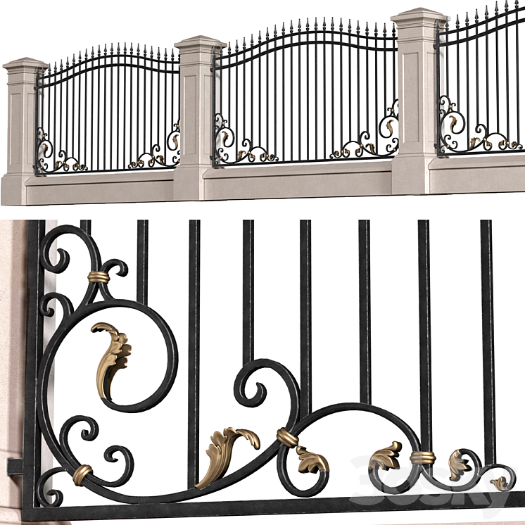 Classic style fence with wrought iron railing.Entrance Driveway Iron Gates 3DS Max - thumbnail 2