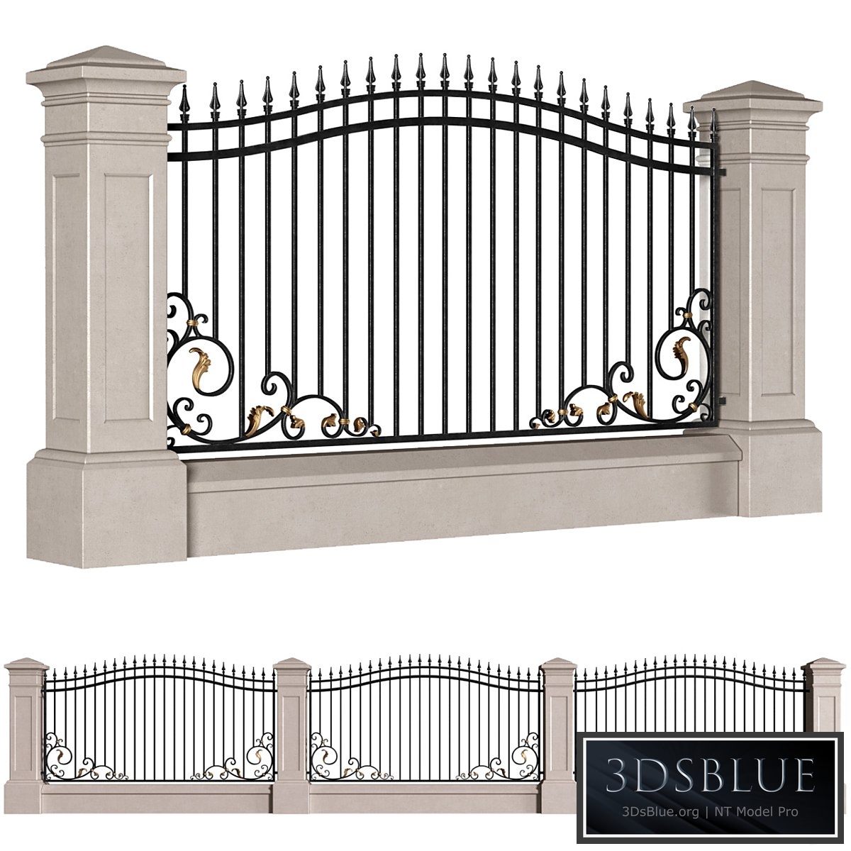 Classic style fence with wrought iron railing.Entrance Driveway Iron Gates 3DS Max - thumbnail 3