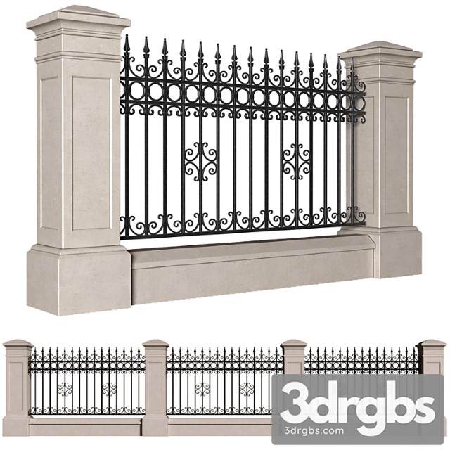 Fence In Classic Style With Wrought Iron Fence Entrance Driveway Iron Gates 3dsmax Download - thumbnail 1