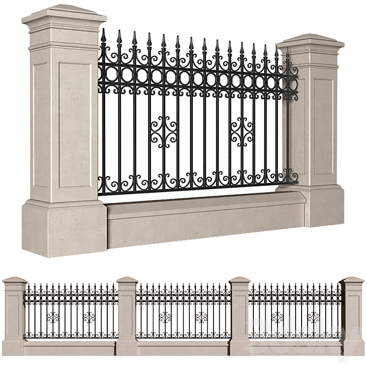 Fence in classic style with wrought iron railing.Entrance to the house.Wrought Iron Entry Gate 3DS Max - thumbnail 1