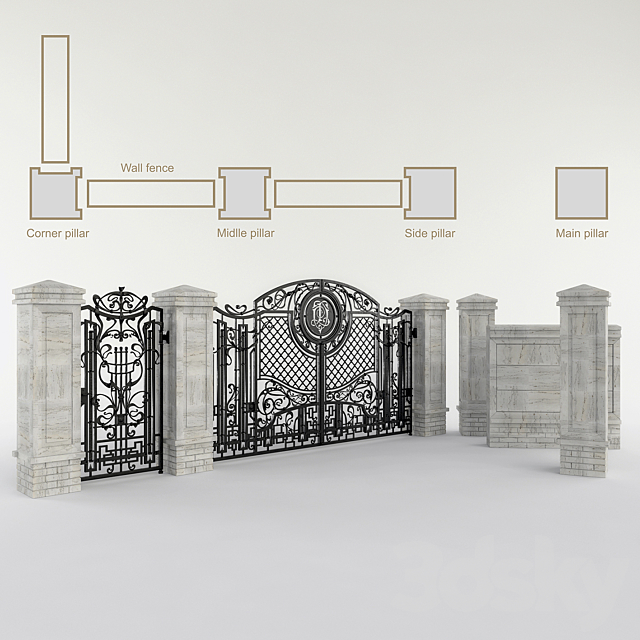 Forged gate with a gate and pillars 3DSMax File - thumbnail 3