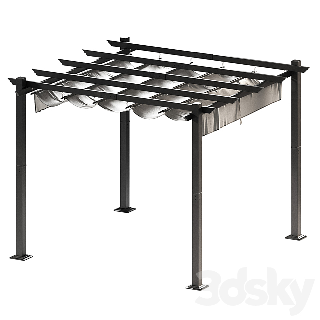 Metal pergola. Gazebo with a sliding fabric canopy. 3ds Max - thumbnail 3