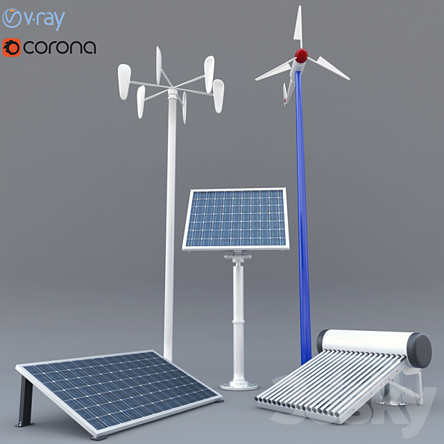 solar panel. solar heater and wind turbine 3DSMax File - thumbnail 1