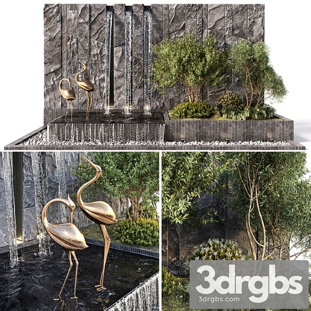 Water Falls With Stonewall Plants Birds 3dsmax Download - thumbnail 1