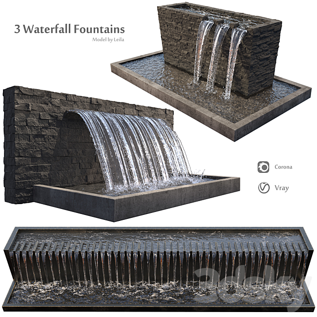 Waterfall fountains wide rock panel 3ds Max - thumbnail 1