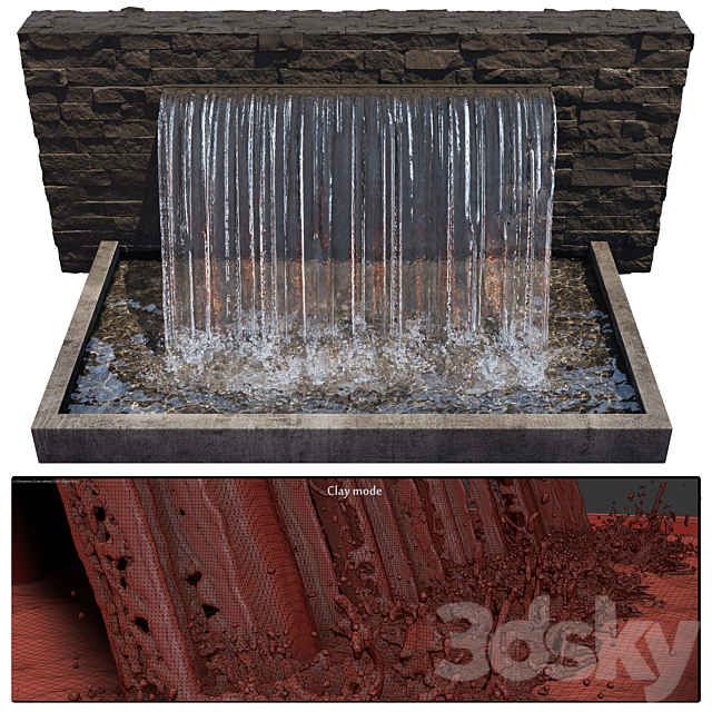 Waterfall fountains wide rock panel 3ds Max - thumbnail 2