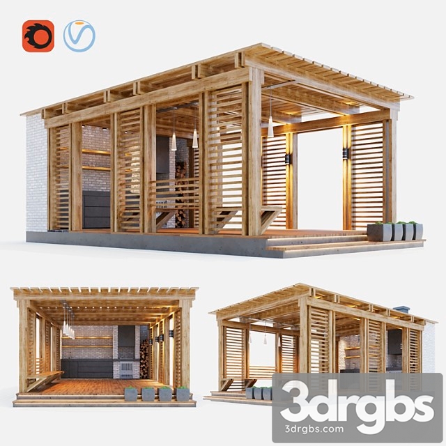 Wooden gazebo with summer kitchen 3dsmax Download - thumbnail 1