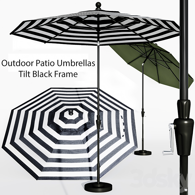 9′ Sunbrella Black Cabana Stripe Outdoor Patio Umbrella with Black Tilt Frame + Reviews 3DS Max - thumbnail 1