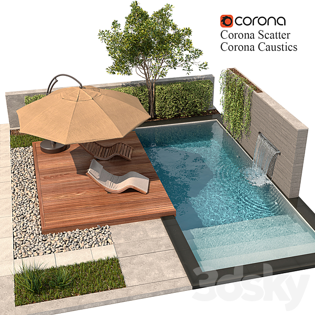 Backyard with Pool & plants & Furniture 3DS Max Model - thumbnail 2