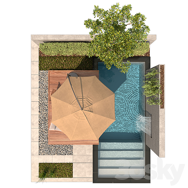 Backyard with Pool & plants & Furniture 3DS Max Model - thumbnail 4