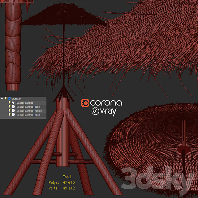 Bamboo Umbrella with Banana Leaf 3DS Max Model - thumbnail 5