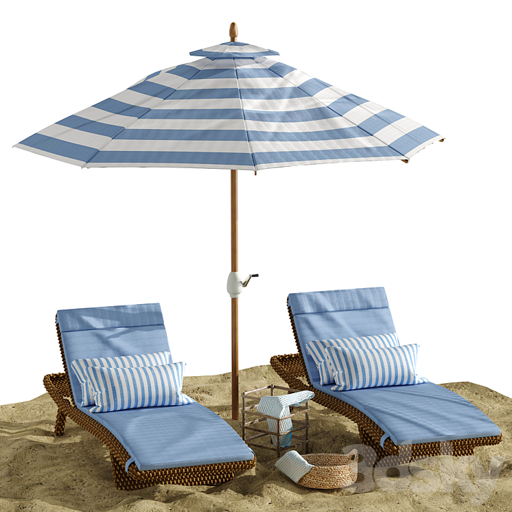 Beach umbrella and chaise longue set 2 3DS Max - thumbnail 1