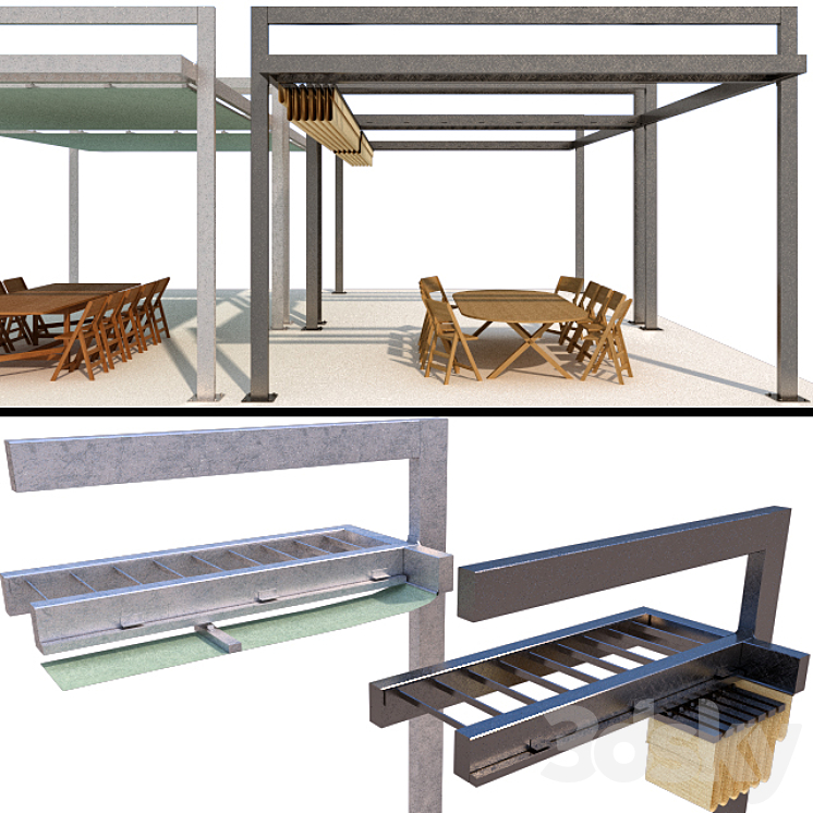 Metal pergola with sliding curtains 3DS Max - thumbnail 2