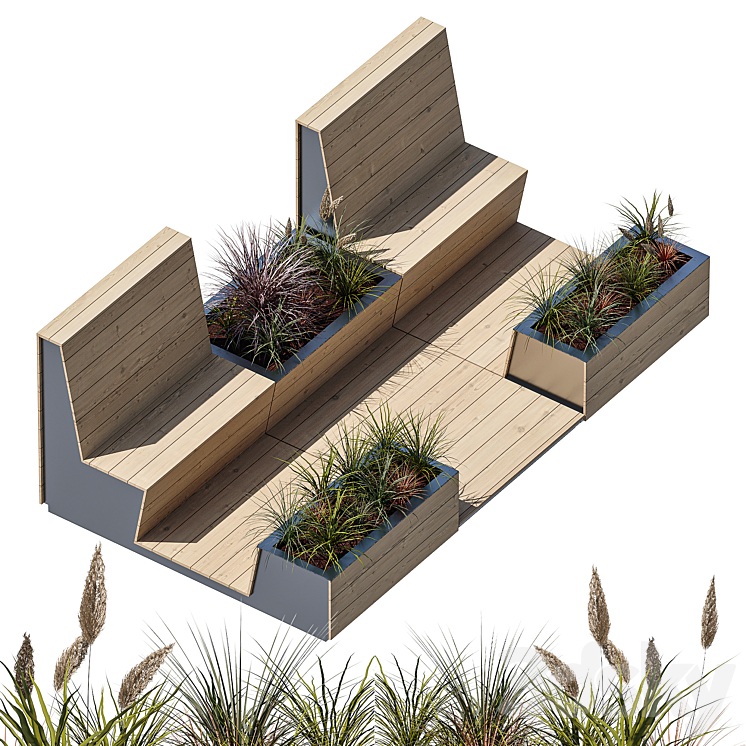 Parklet with two benches 3DS Max - thumbnail 1