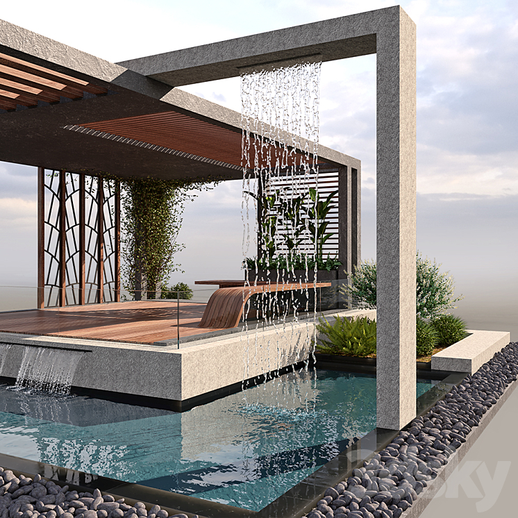 Pergola With Water & Plants 3DS Max - thumbnail 2