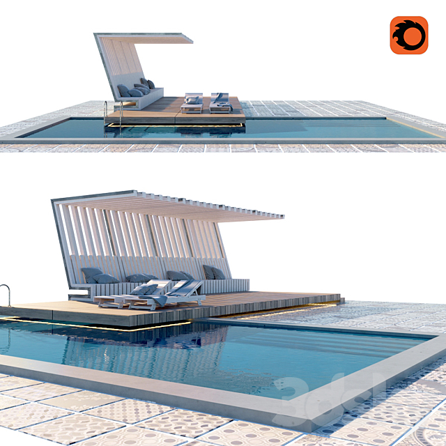 Pool with terrace and canopy 3DS Max Model - thumbnail 2