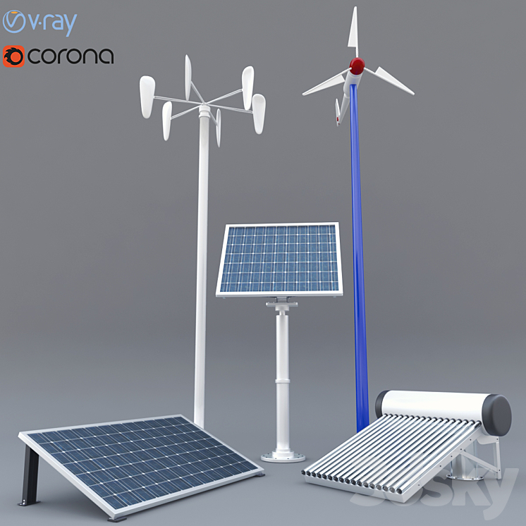 solar panel solar heater and wind turbine 3DS Max - thumbnail 1