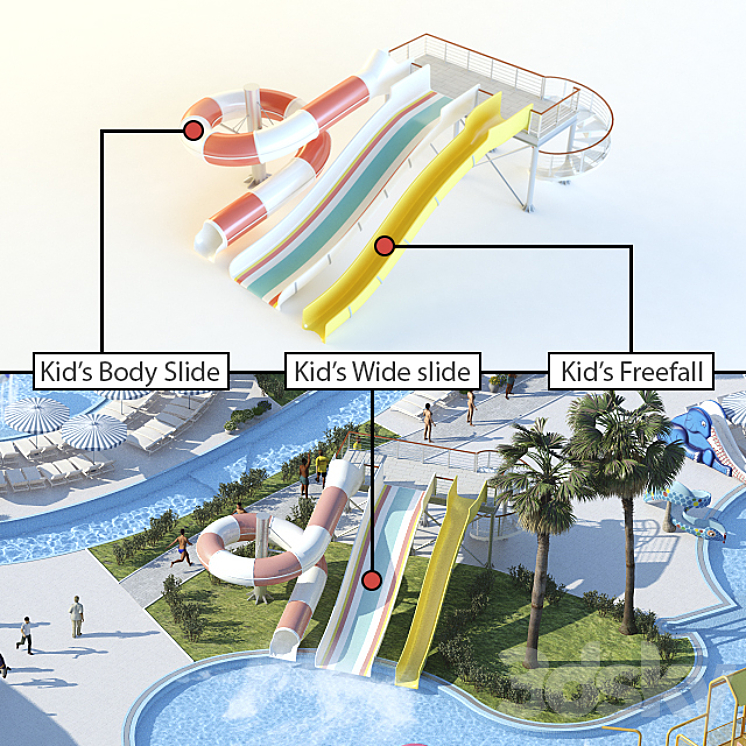 Waterslides: Kid's Body Slide Kid's Wide slide Kid's Freefall 3DS Max - thumbnail 1