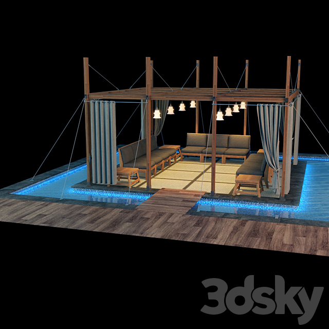 Wooden Gazebo with pool and curtains 3DS Max Model - thumbnail 2