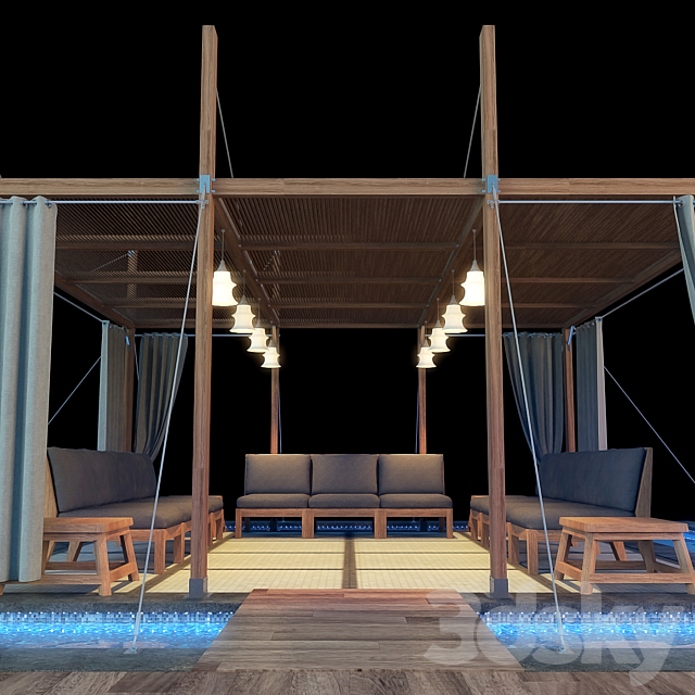 Wooden Gazebo with pool and curtains 3DS Max Model - thumbnail 3