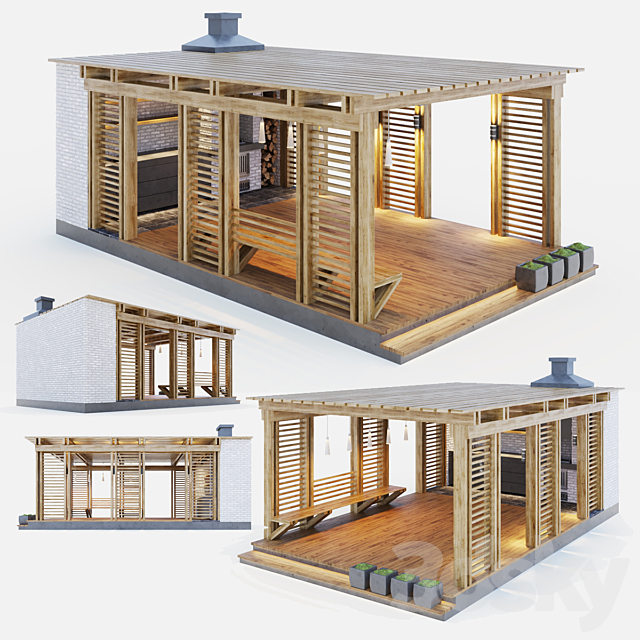 Wooden gazebo with summer kitchen 3DS Max Model - thumbnail 2