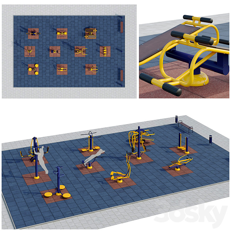 Sports ground with outdoor exercise trainers. Playground 3DS Max - thumbnail 1