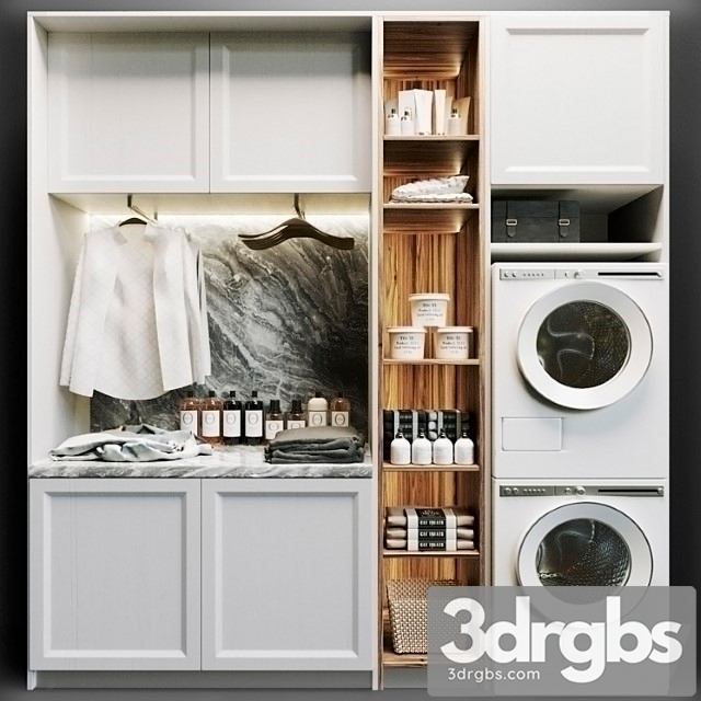 Laundry room in white with household appliances, cosmetics and clothes 8 - thumbnail 1