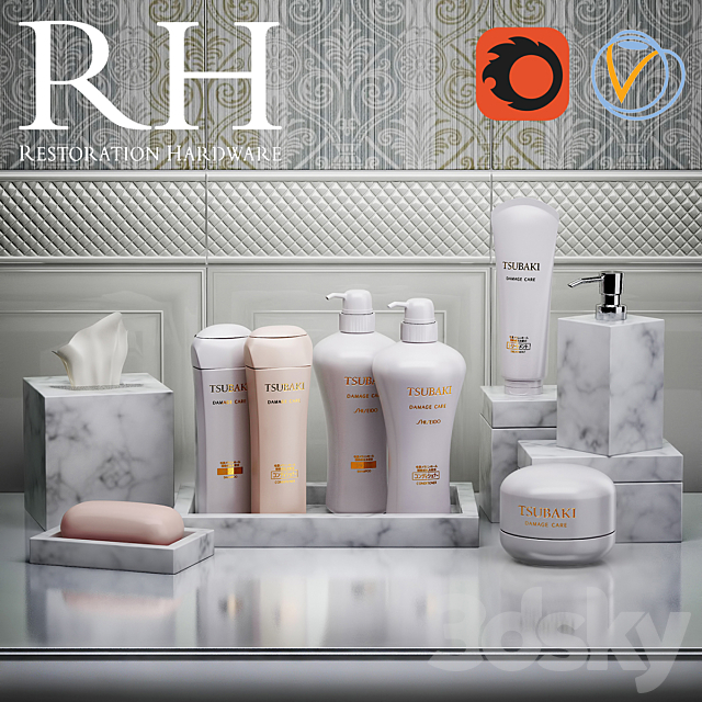 Set for Restoration Hardware bathroom with shampoos and plates 3DSMax File - thumbnail 1