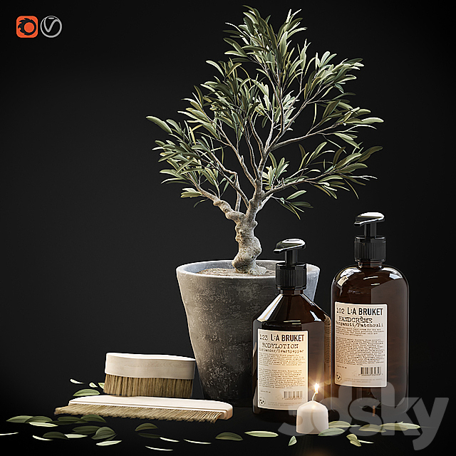 Tiny bonsai olive tree in stone pot with decor set for bathroom 3DS Max Model - thumbnail 2