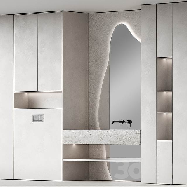 Bathroom furniture set 8. Monochrome grey. Curved mirror shape. Stone sink. Wall-mounted faucet. 3DS Max Model - thumbnail 3