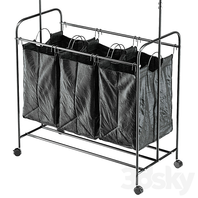 Black 3 Bag Heavy Duty Divided Laundry Hamper Sorter Cart with Wheels and Hanging Bar 3DS Max Model - thumbnail 2