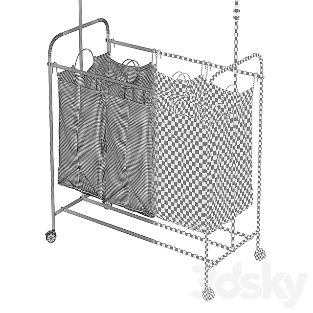 Black 3 Bag Heavy Duty Divided Laundry Hamper Sorter Cart with Wheels and Hanging Bar 3DS Max Model - thumbnail 3