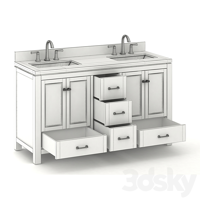 Double sink wooden vanity with Carrara marble top 3DS Max Model - thumbnail 3