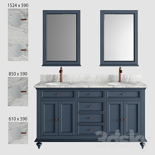 Keller Double Vanity for Undermount Sinks – Vintage Navy Blue 3ds Max - thumbnail 1