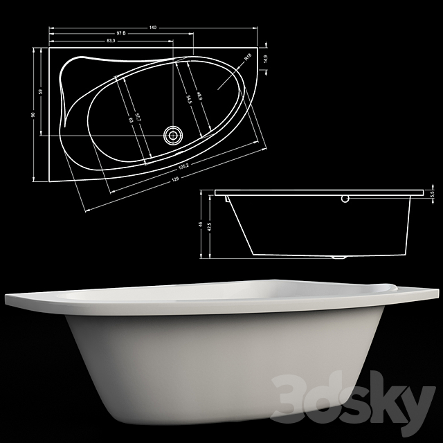 Bath Acrylic asymmetric Riho Lyra 3DS Max Model - thumbnail 3