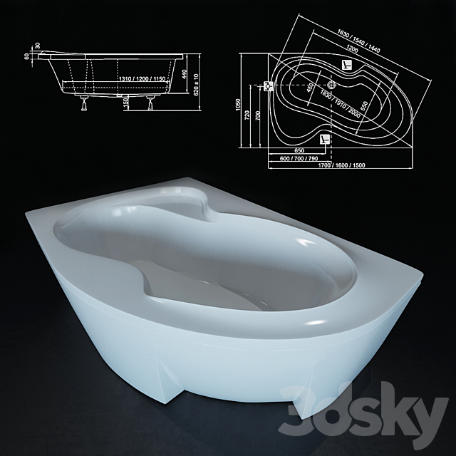 Bathtub Ravak Rosa II 170×105 L _ R 3ds Max - thumbnail 2