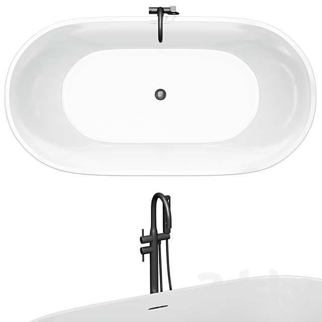 Free Standing Modern Oval Stone Bathtub Back to Wall Standard White 3ds Max - thumbnail 2