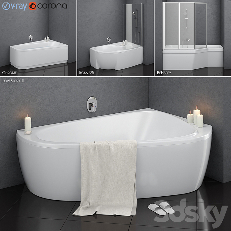 Set of asymmetric baths Ravak set 14 (LoveStory II Chrome Rosa 95 BeHappy) 3DS Max - thumbnail 1