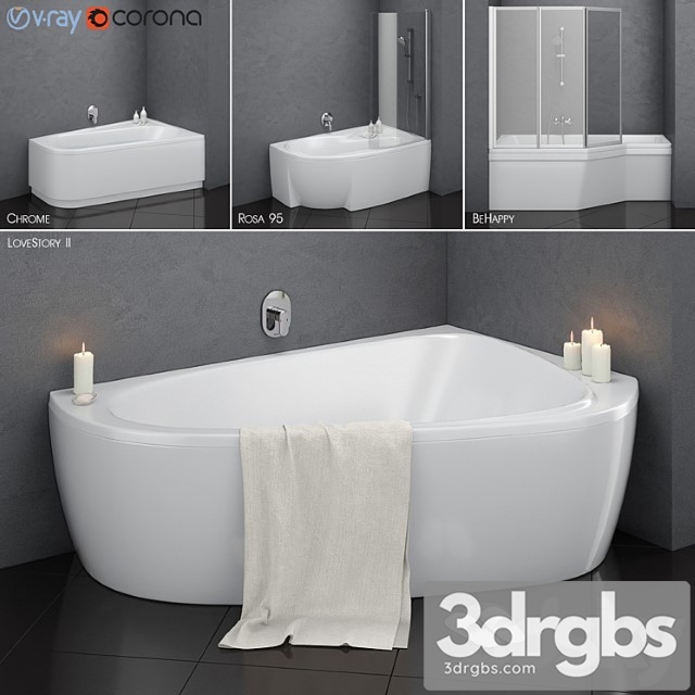 Set of Asymmetric Baths Ravak Set 14 Lovestory ii Chrome Rosa 95 Behappy 3dsmax Download - thumbnail 1