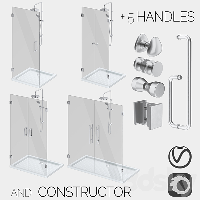 Glass shower cabins designer and a set of handles 3ds Max - thumbnail 1