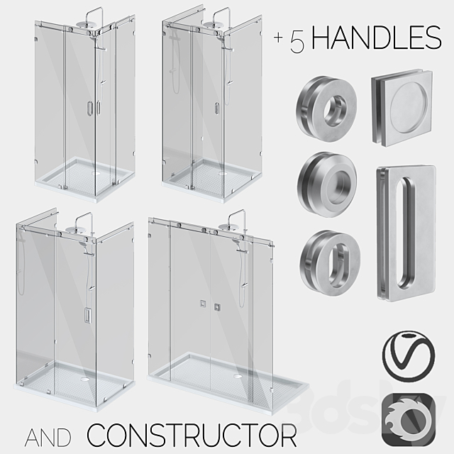 Sliding glass shower cabins designer and handle set 3ds Max - thumbnail 1