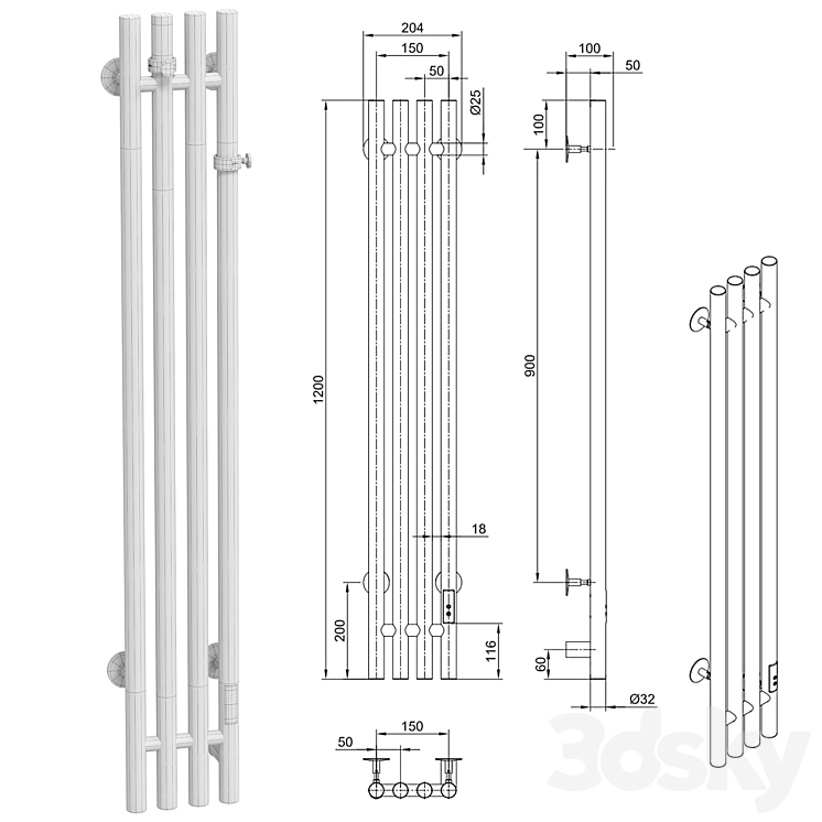 Electric towel warmer EWRIKA Penelope V 120×15 white black 3DS Max - thumbnail 2