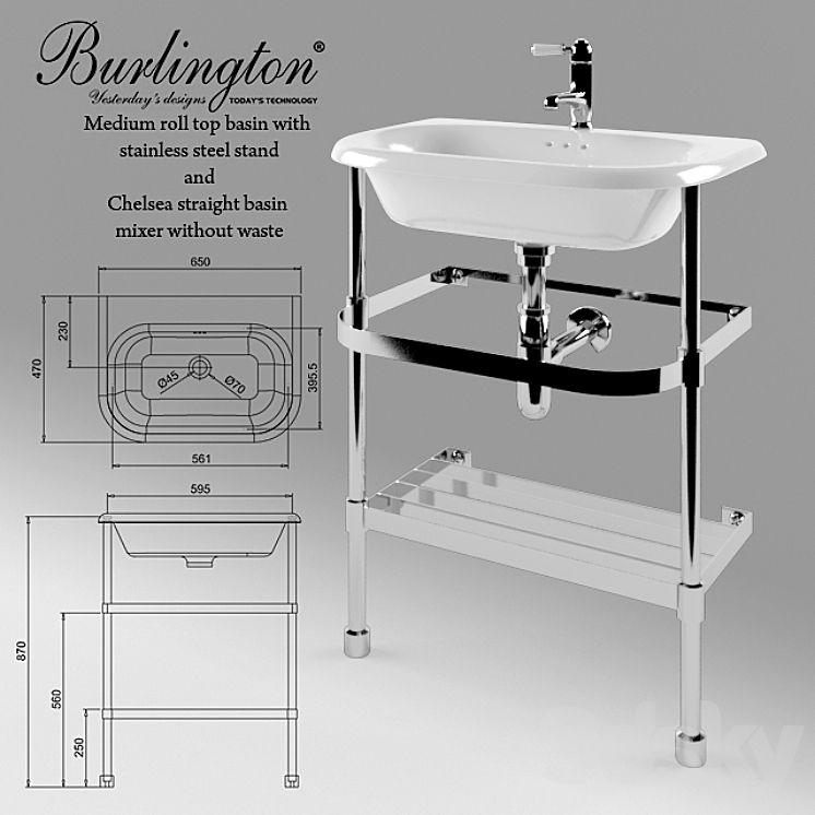 Burlington Medium roll top basin with stainless steel stand 3DS Max - thumbnail 1