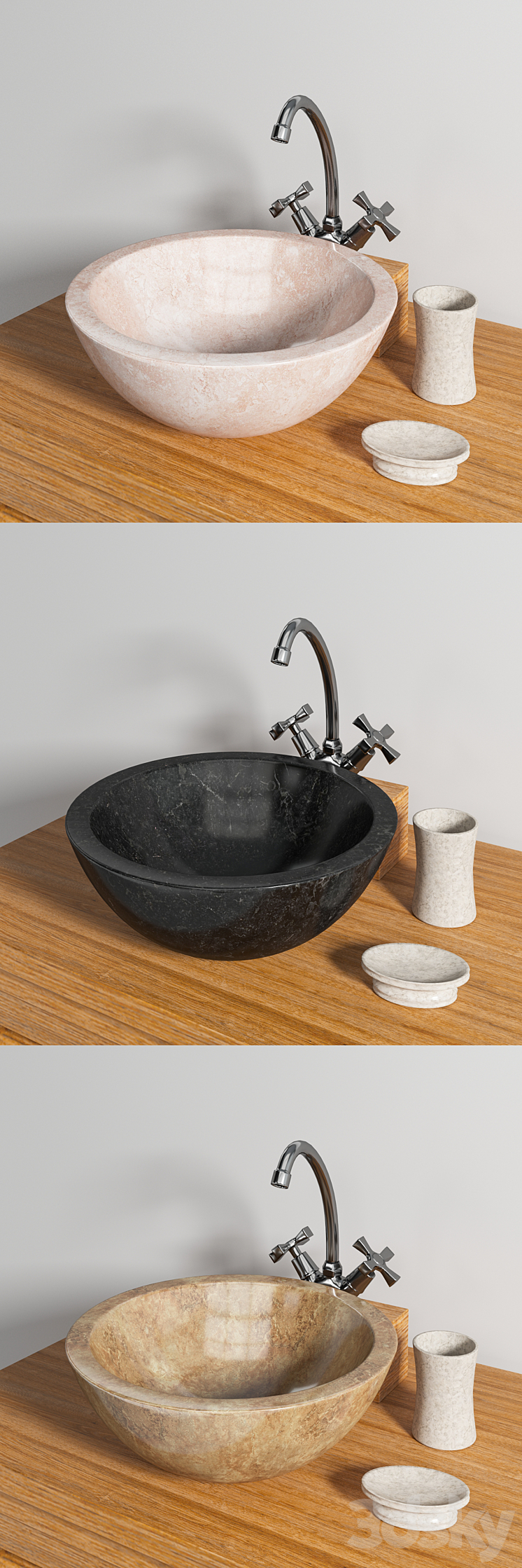 Sink made of natural marble Teak House Round White Black Onyx cupboard under the sink Lombok 110 mixer Lemark LM2504C 3DS Max - thumbnail 2