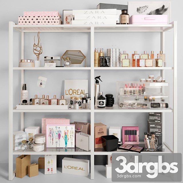 White rack with cosmetics in a beauty salon. make up 3dsmax Download - thumbnail 1